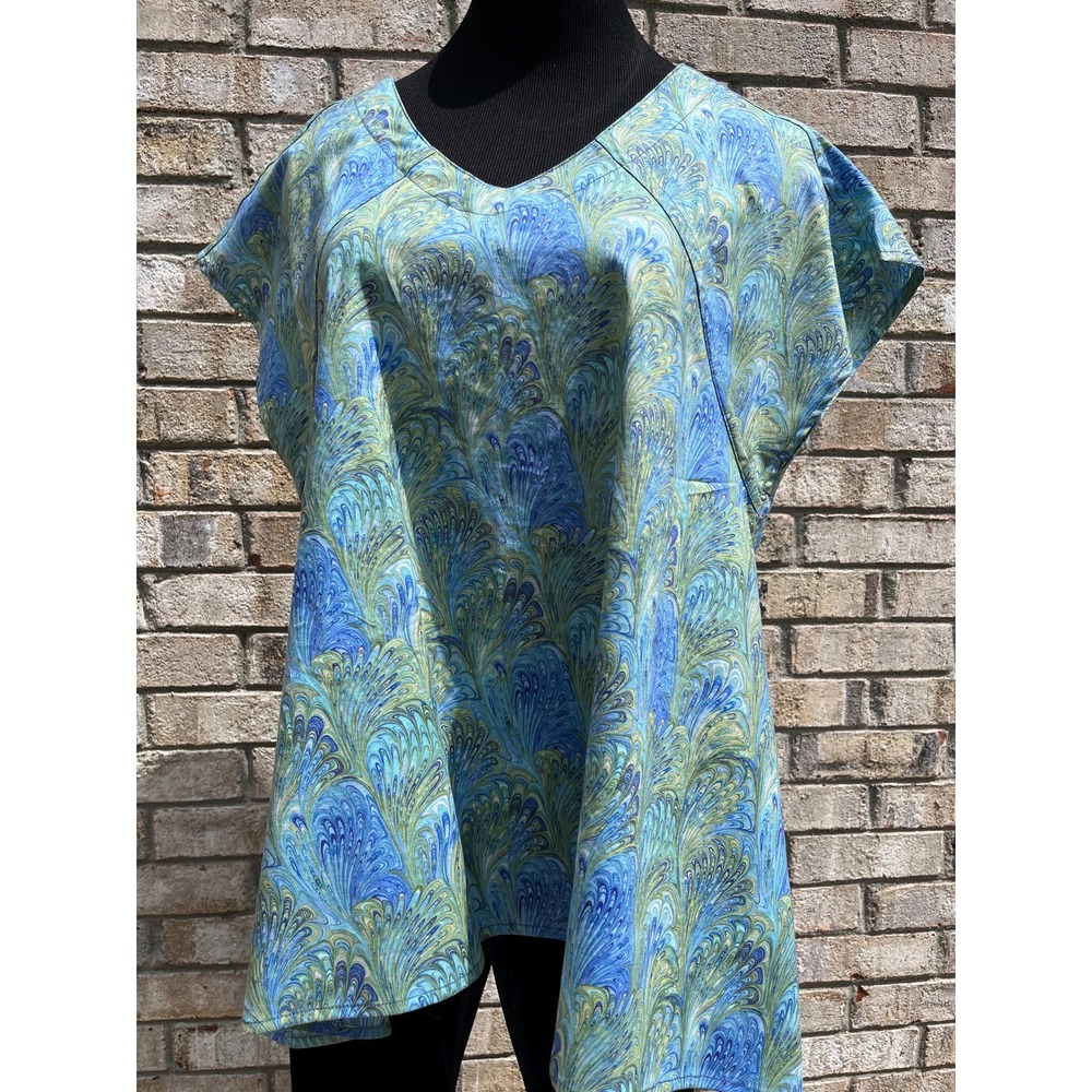 Handmade Blue Swirls Tunic Top: Fit N Flare Pullover, Ladies Size Large
